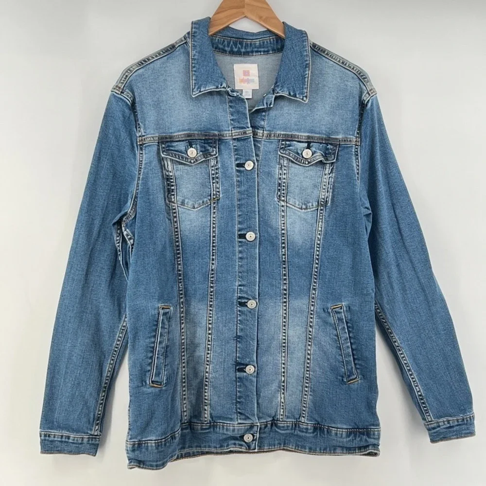 LuLaRoe Jaxon Denim Jacket XL Southwestern Aztec Knit Back Panel Boho Western